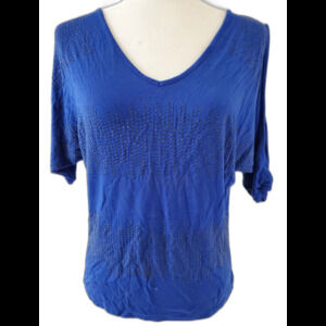 SAY WHAT? Shirt Women Medium Blue Cold Shoulder Top Rinestone Classic V Neck